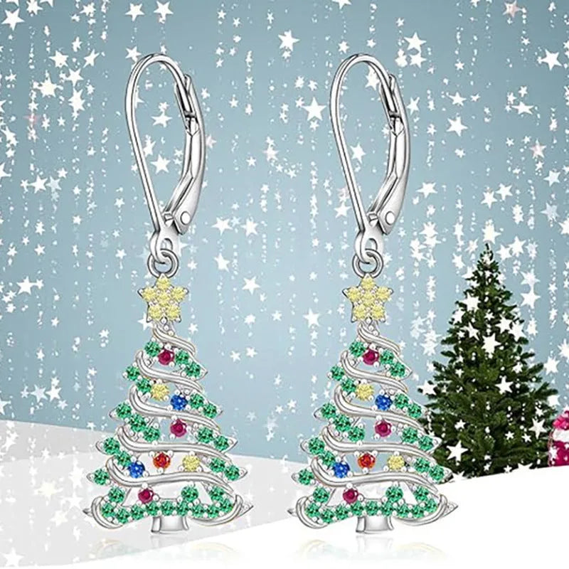 Women's copper Christmas tree earrings with white gold colour finish and star-shaped pendant design