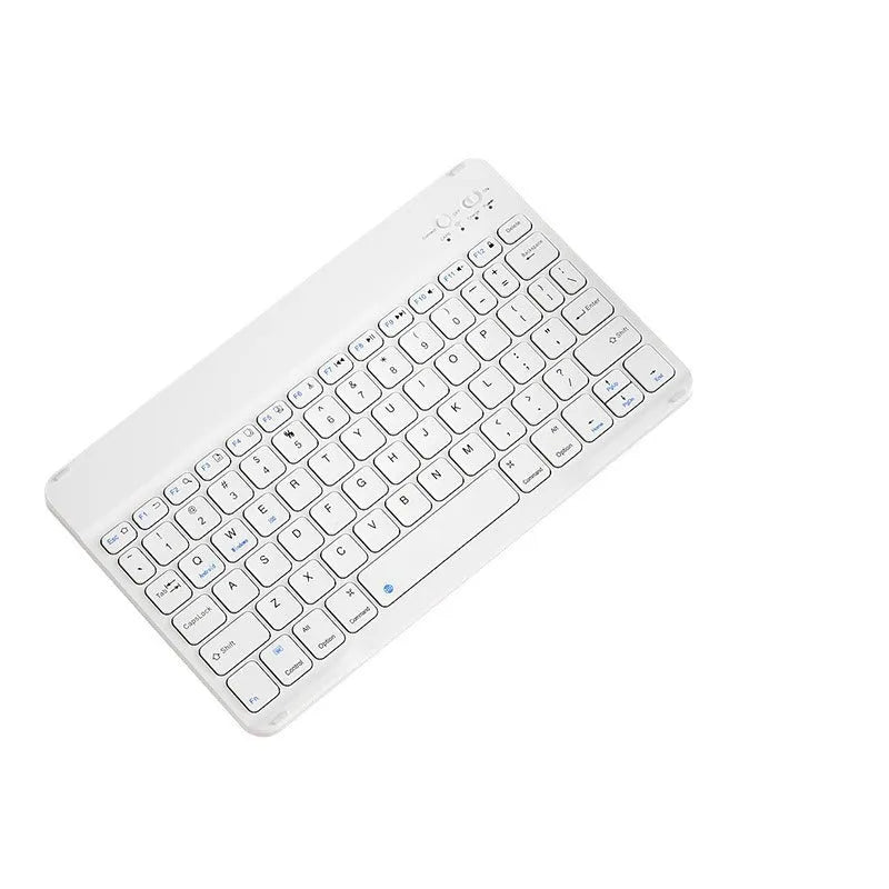 Bluetooth keyboard and rechargeable mouse set for tablet in elegant white on a desk