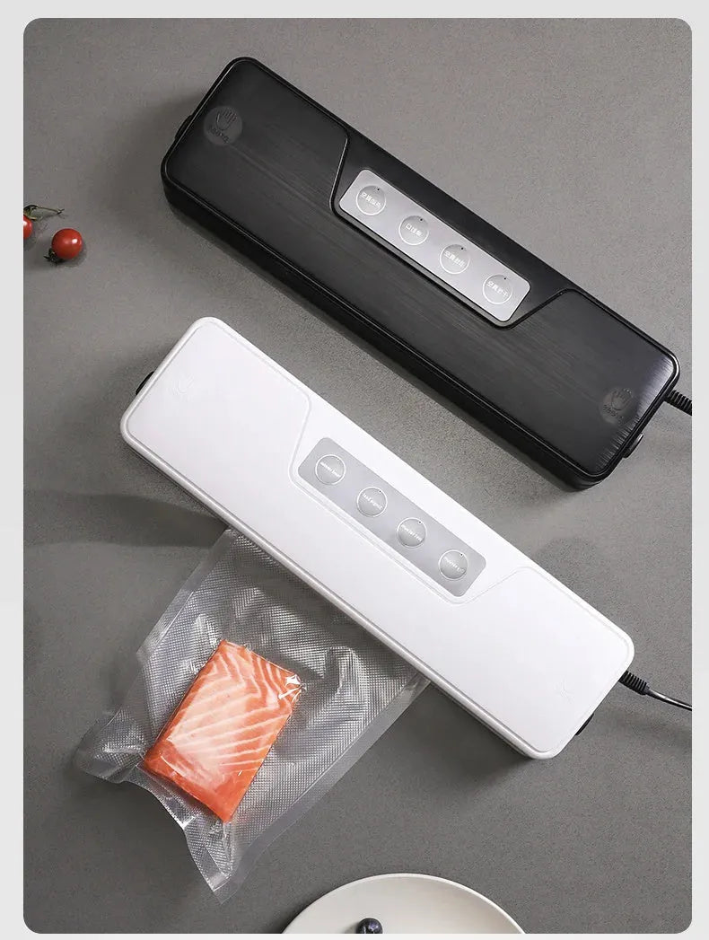 Compact white automatic vacuum sealer machine for household food preservation with wireless charging capability