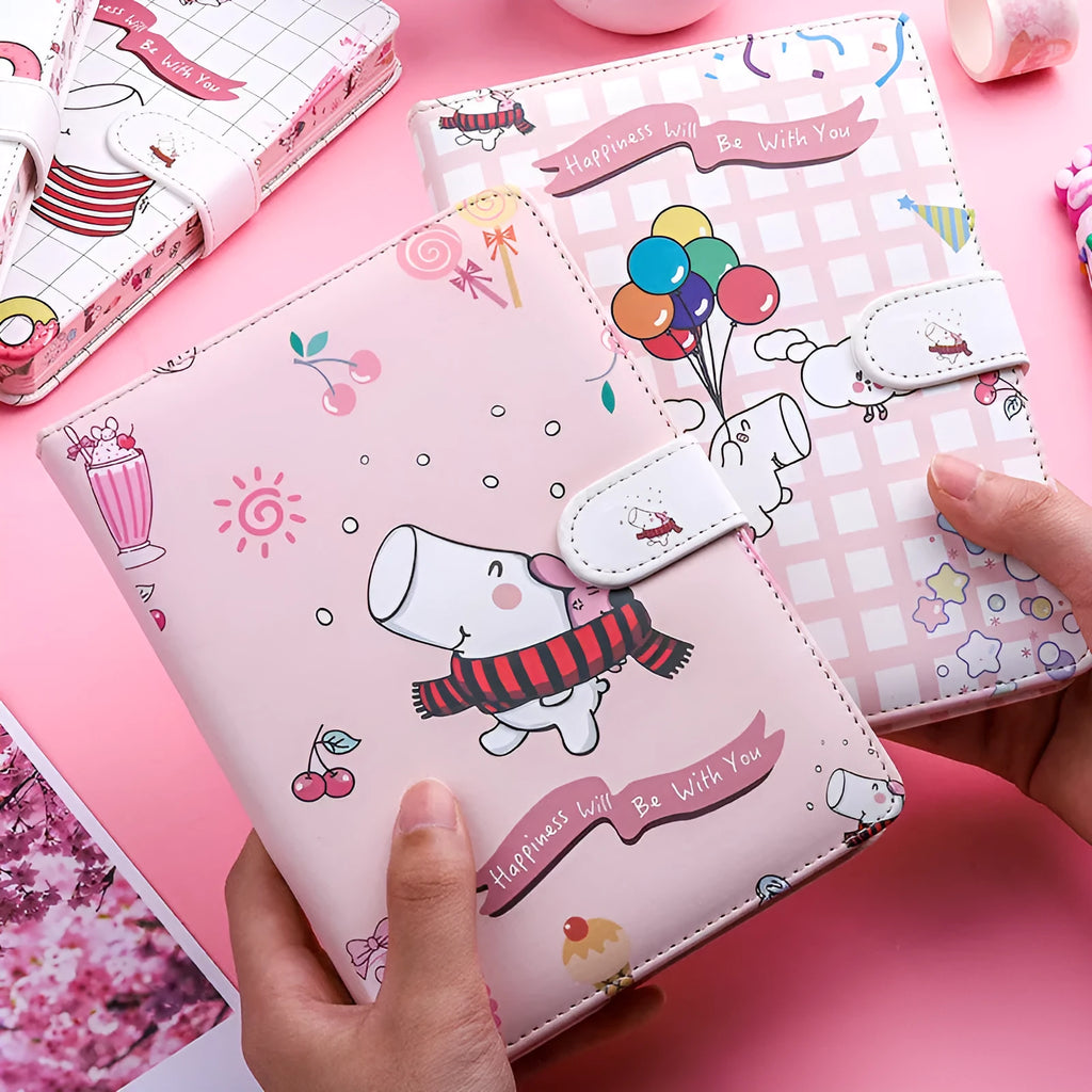 Small white Kaba Bear Hippo portable notebook with magnetic buckle closure showing 135mm x 185mm dimensions