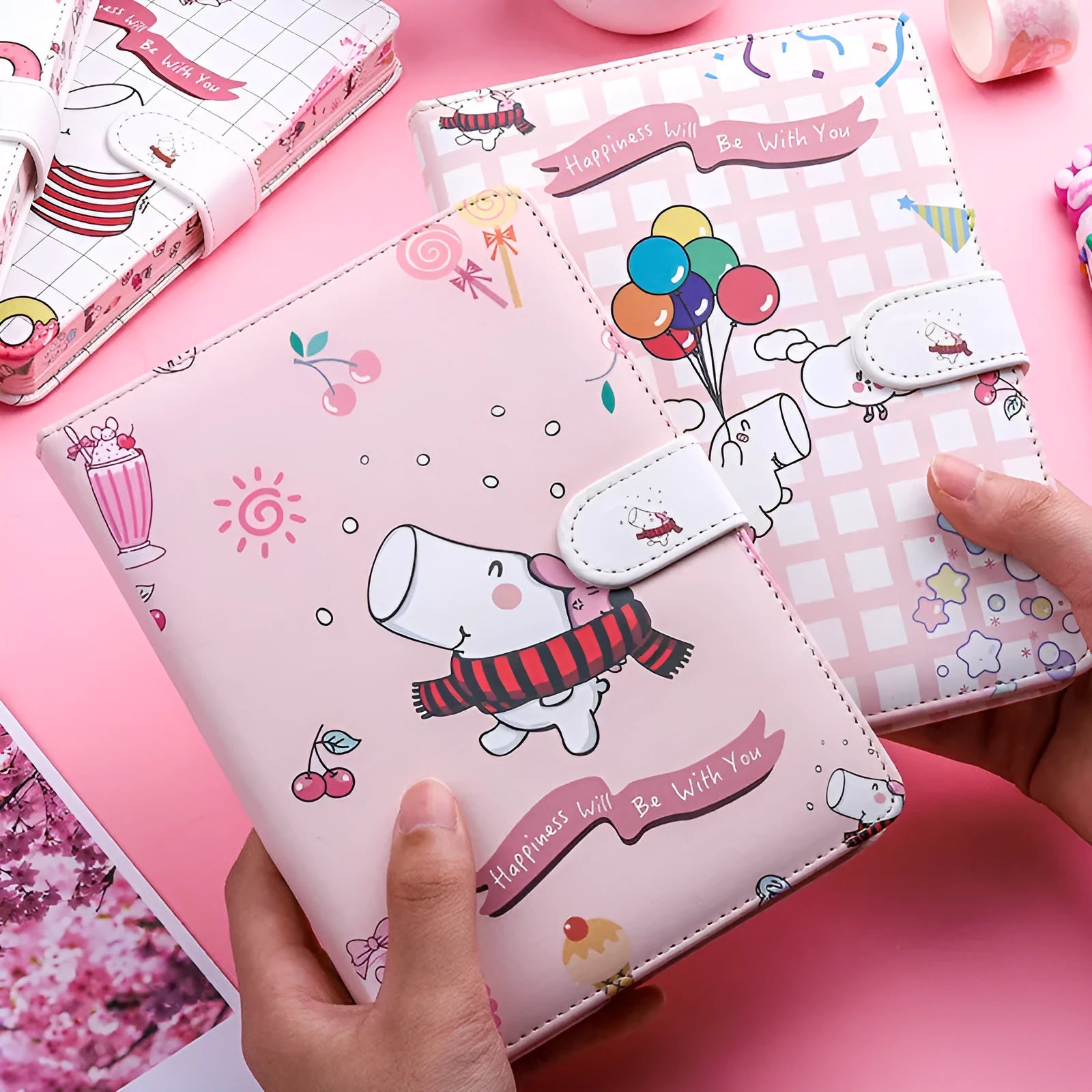 Small white Kaba Bear Hippo portable notebook with magnetic buckle closure showing 135mm x 185mm dimensions