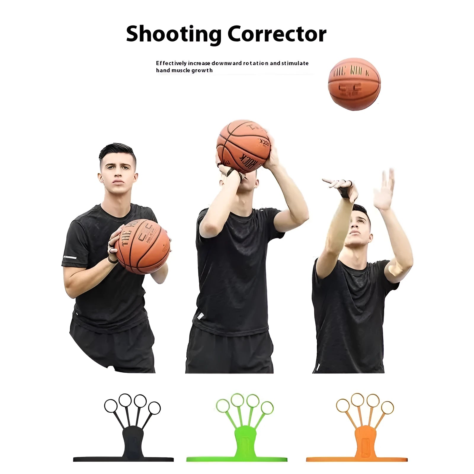 Basketball shooting brace training equipment showing five-finger and three-point guidance system.