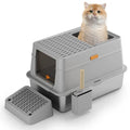 Grey enclosed cat litter box with a foot pedal open, showing the stainless steel dustbin inside.