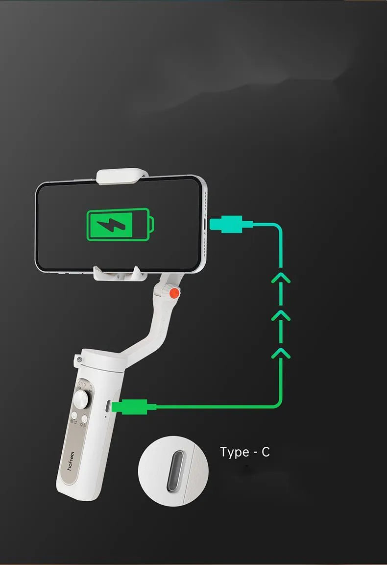 Black or white 3‑axle foldable phone stabiliser showing compact 179mm size and USB port.