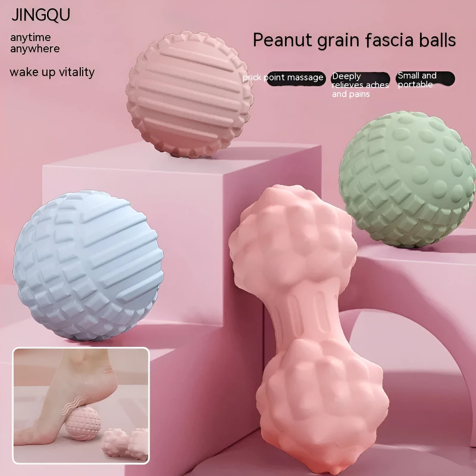 Blue, green, pink, and purple 6cm TPR massage balls, showing both sphere and peanut ball shapes.