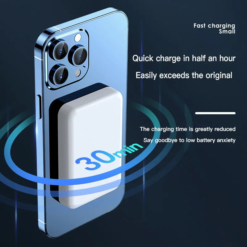 Pink plastic magnetic wireless power bank showing dimensions and 20000mAh capacity label.