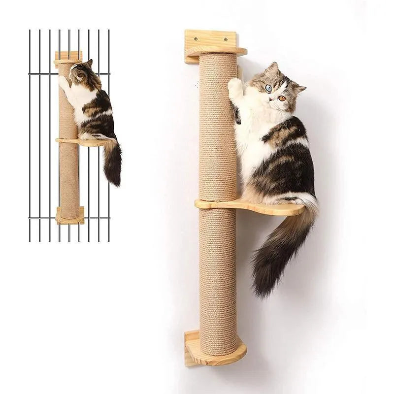 Wall-mounted wooden cat jumping platform with flax cordage scratching post