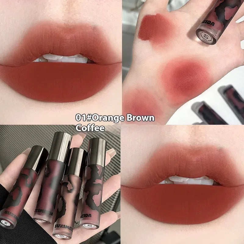 Lava Secret Matte Lip Mud Lipstick in five colour options including orange brown coffee and smoked purple.