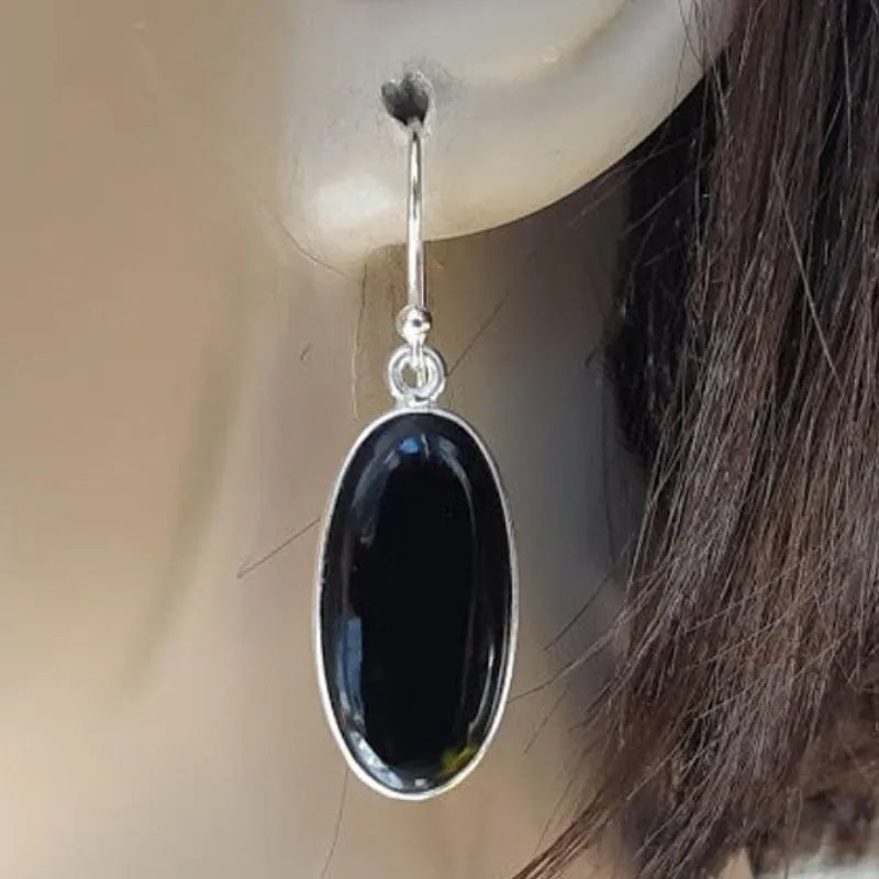 Women's earrings with 925 silver electroplating and black agate oval pendants in geometric Chinese style