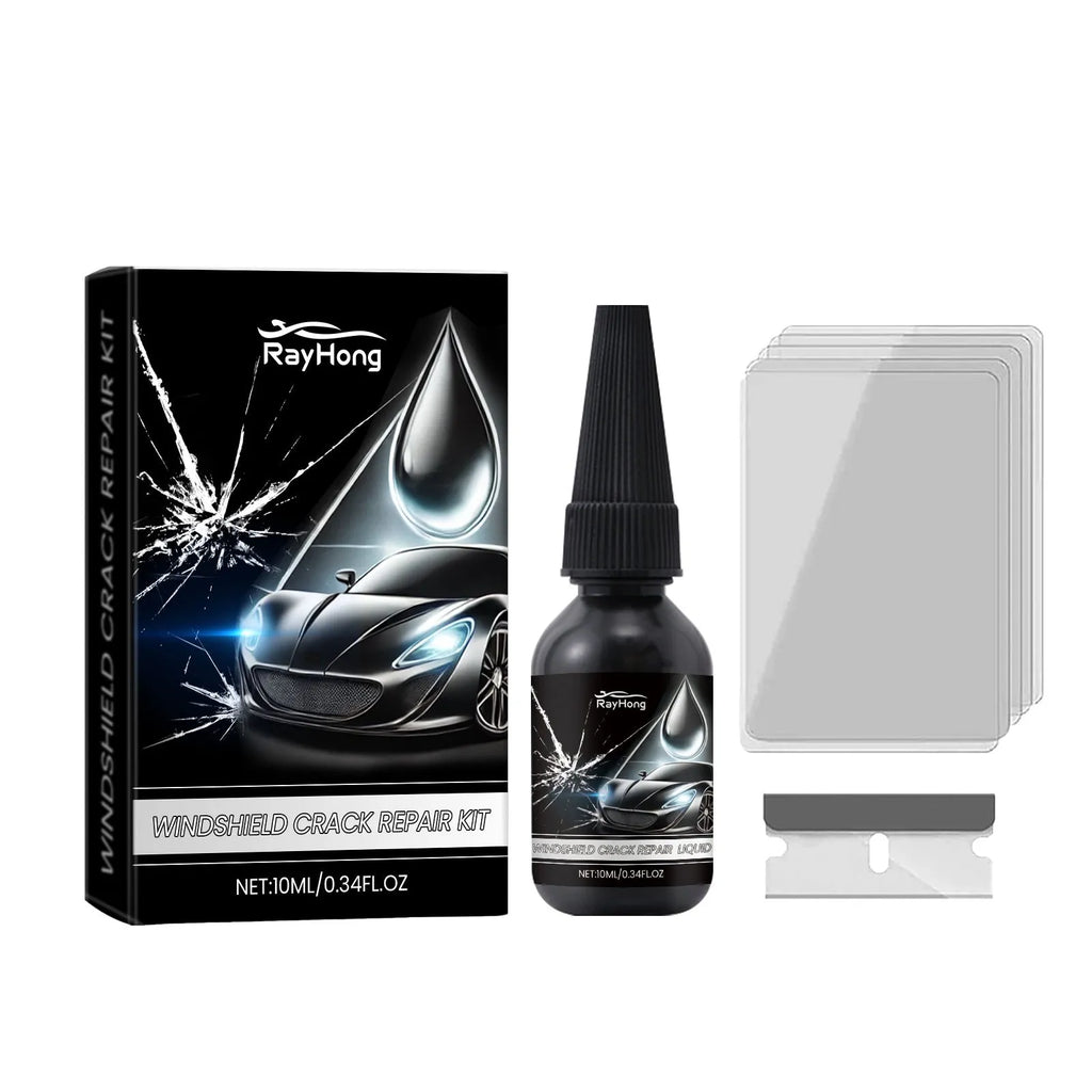 Car windshield repair suit kit with 10ml essence bottle blade and curing films on blue background