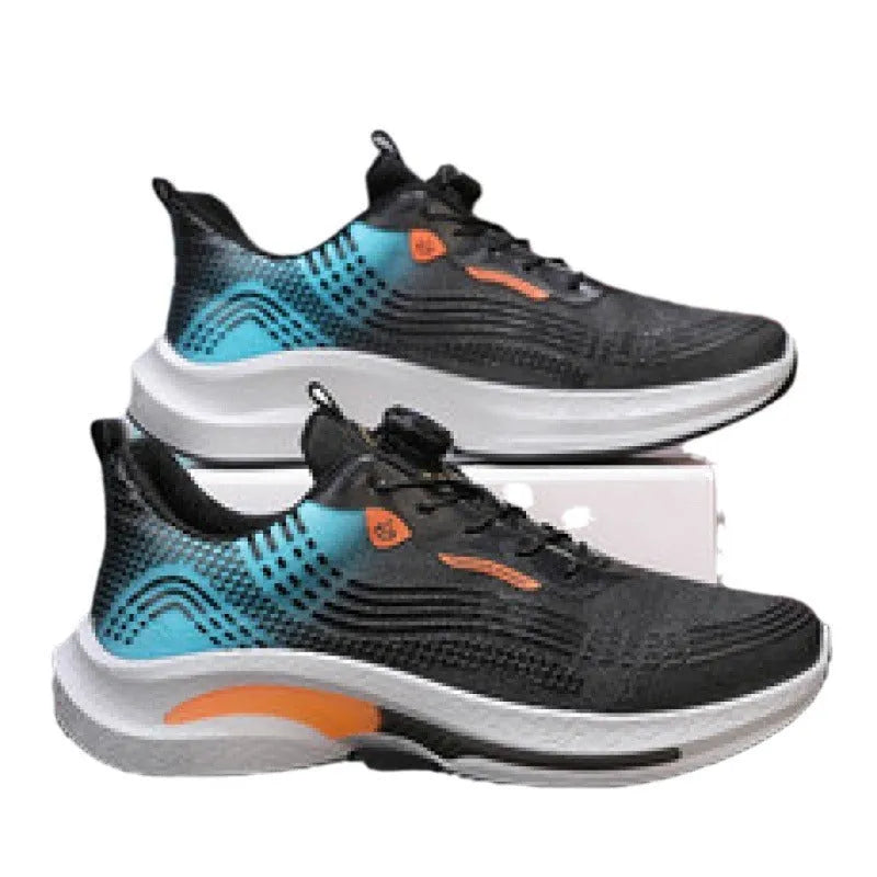 Men's low-top sneaker in black and blue with a rotating buckle and mesh lining.