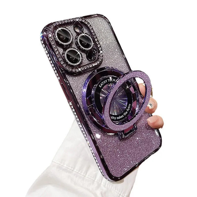 Silicone gradient colour magnetic suction phone case with electroplated edge drill design and kickstand bracket for iPhone