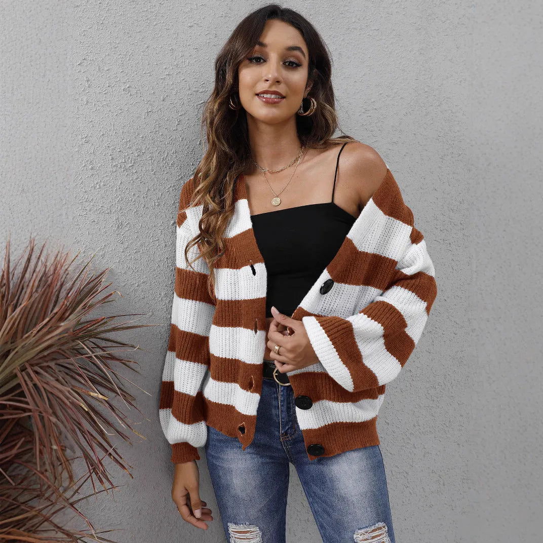 Women's striped button-front cardigan in Deer plush fabric shown in a dark green colour.