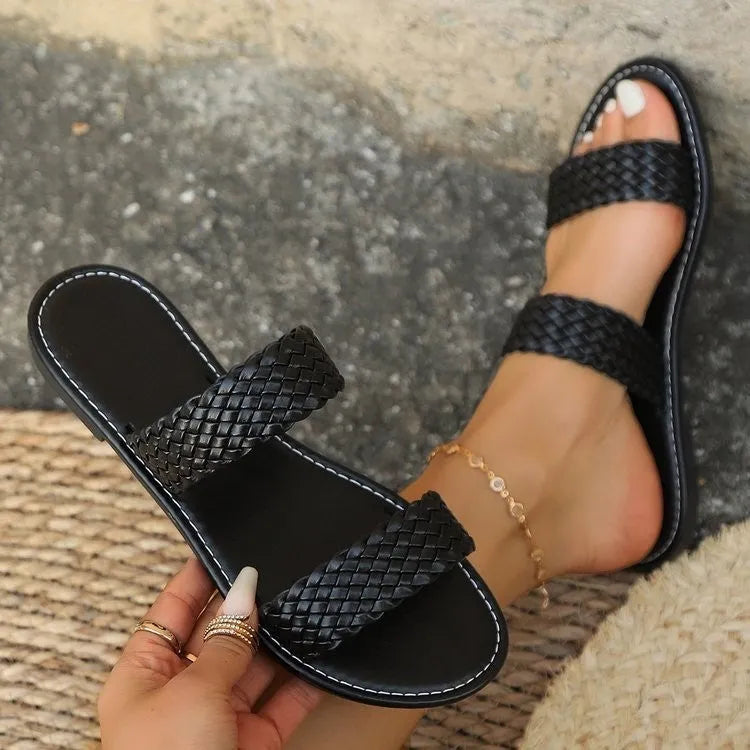 Plus size women's woven beach slipper in a choice of colours with PVC sole and synthetic leather upper.