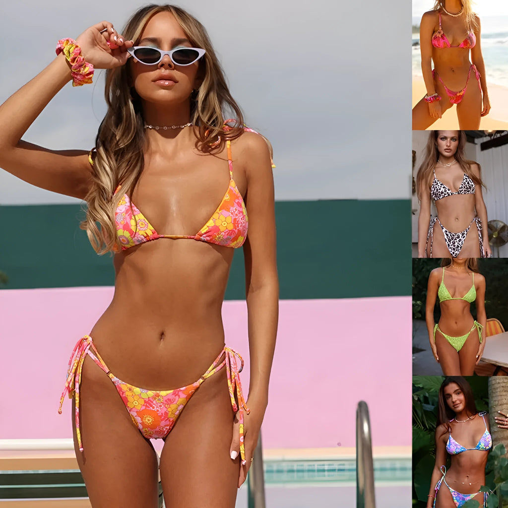 Women's floral bikini set in yellow, blue, red, black or green, sizes S M L, backless high elastic split swimwear.