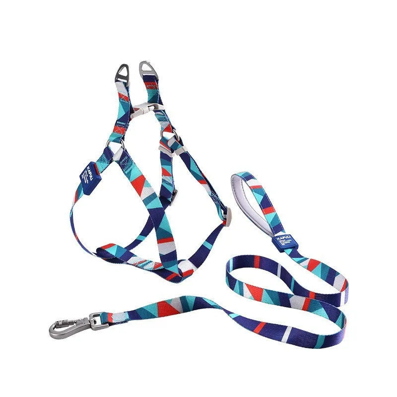 Blue adjustable dog chest harness with attached haulage rope on a white background.
