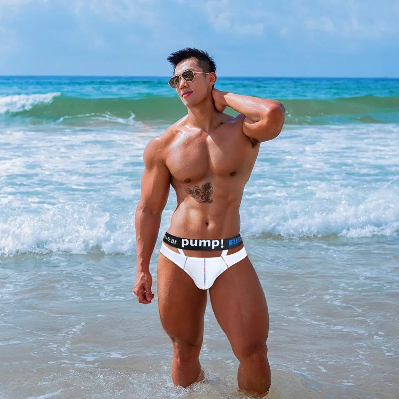 Men's low-waist modal briefs in black and white colour options showing solid design