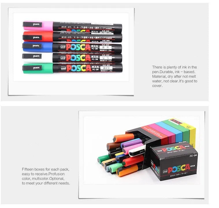 Acrylic marker pen set with 0.9mm nibs in plastic casing, showing colour options from 8 to 24 pens