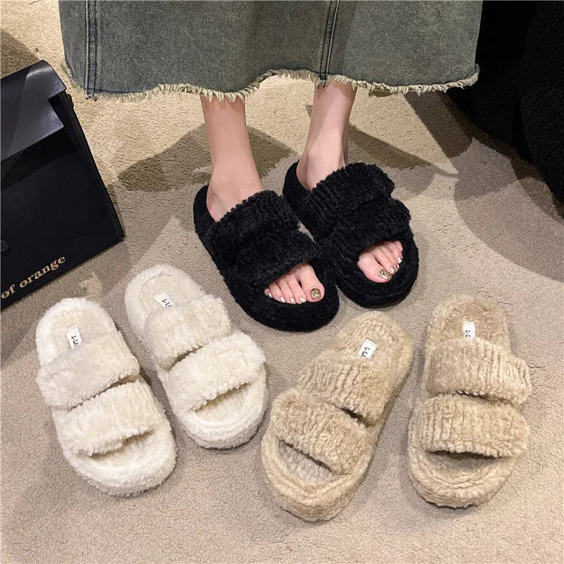 Winter slippers with plush upper, artificial wool lining, rubber sole, round toe, in white black or milk tea colour