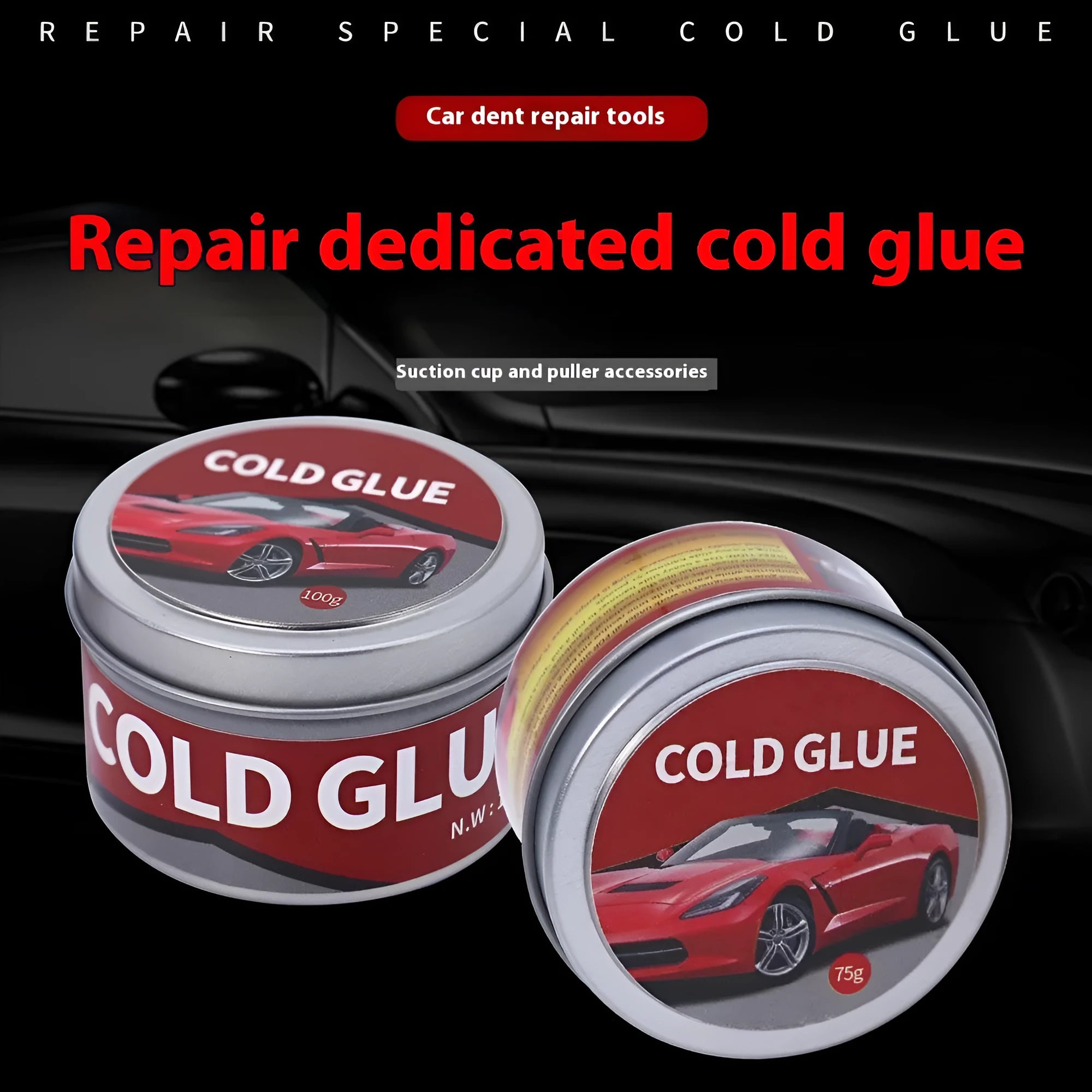 Tube of special cold glue for automobile depression repair on car bodywork.