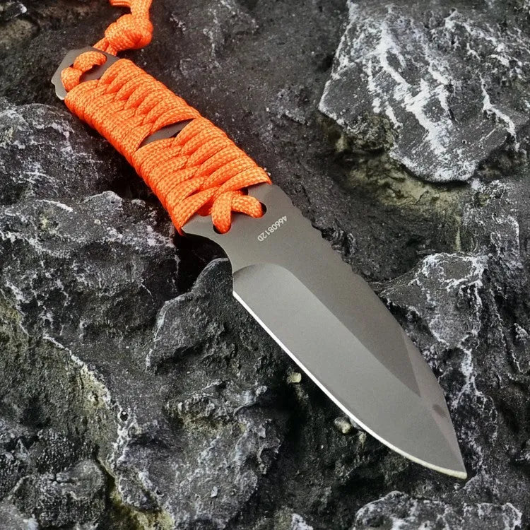 Straight blade camping knife with rope handle and ABS plastic sheath