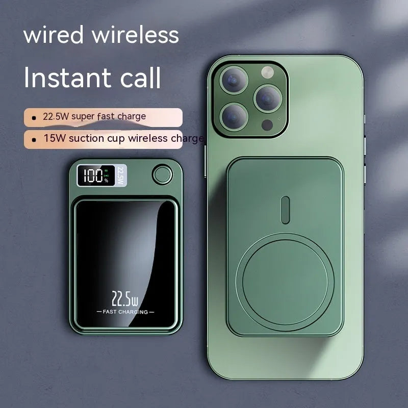 Wireless Magsafe power bank in black, white, purple, or green, showing compact industrial design.