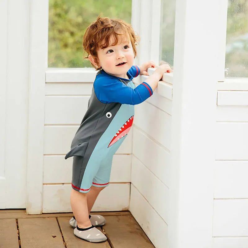 Blue boys one-piece swimsuit with cartoon pattern, polyester high elasticity fabric, Asian sizes S to XL
