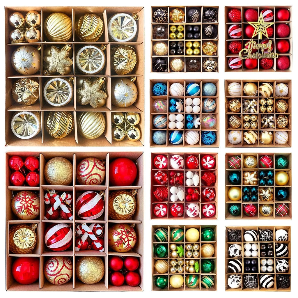 Plastic Christmas ball decoration set with electroplated painted pendants, 6cm full coloured drawing ball, and cowhide box.