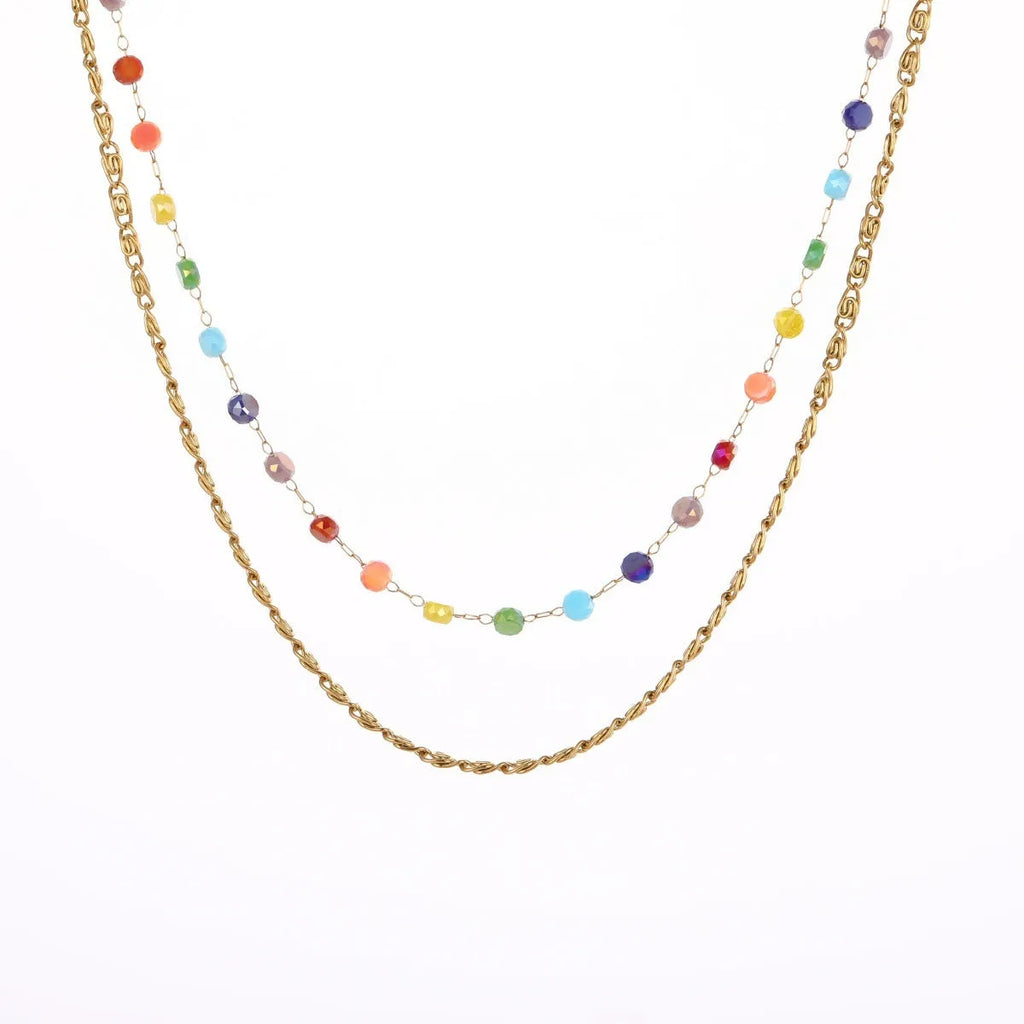 Gold-plated stainless steel double-layer necklace with colourful geometric beads on a white background