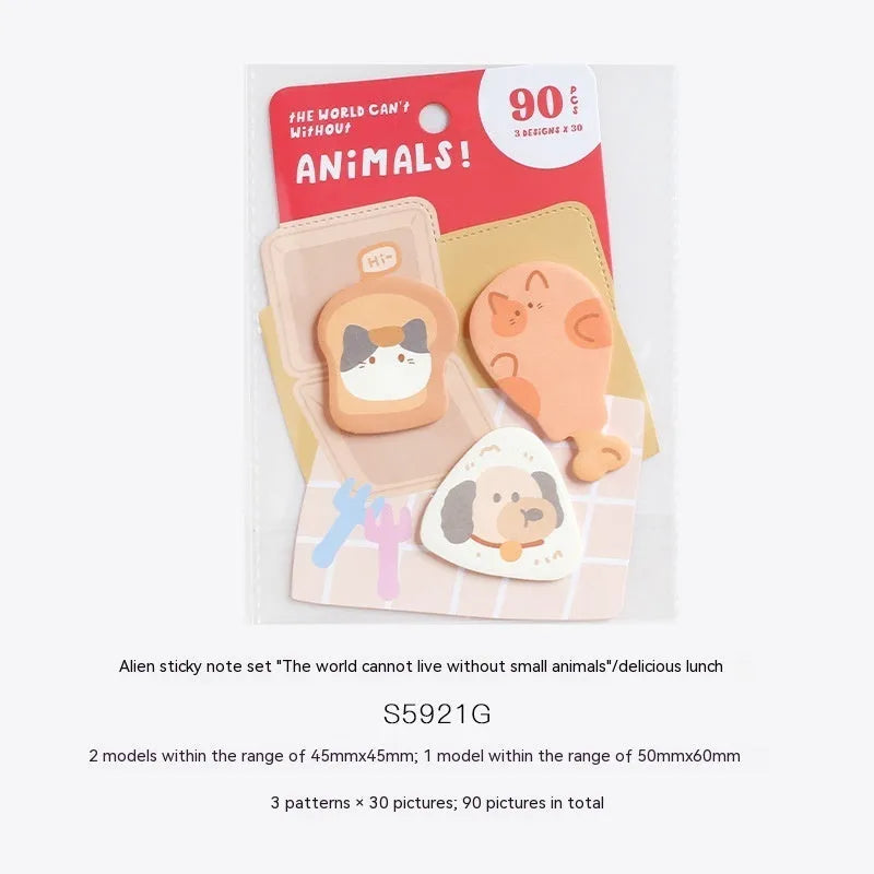 Animal shaped sticky note set showing six cover colour options including kitten and puppy designs