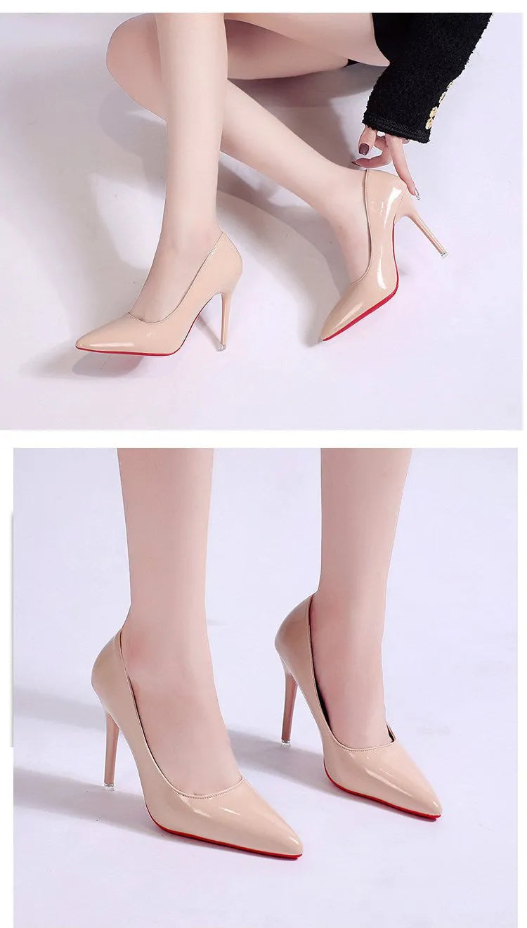 Women's black stiletto heel pumps with pointed toe and shallow mouth design