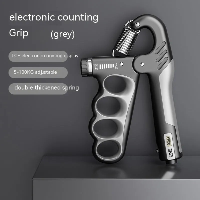 Adjustable spring grip trainer with electronic counter display in orange, red, or grey colour.