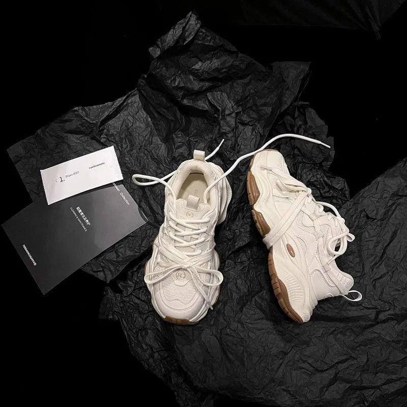 Milky white women's platform running sneakers with composite sole and round toe design