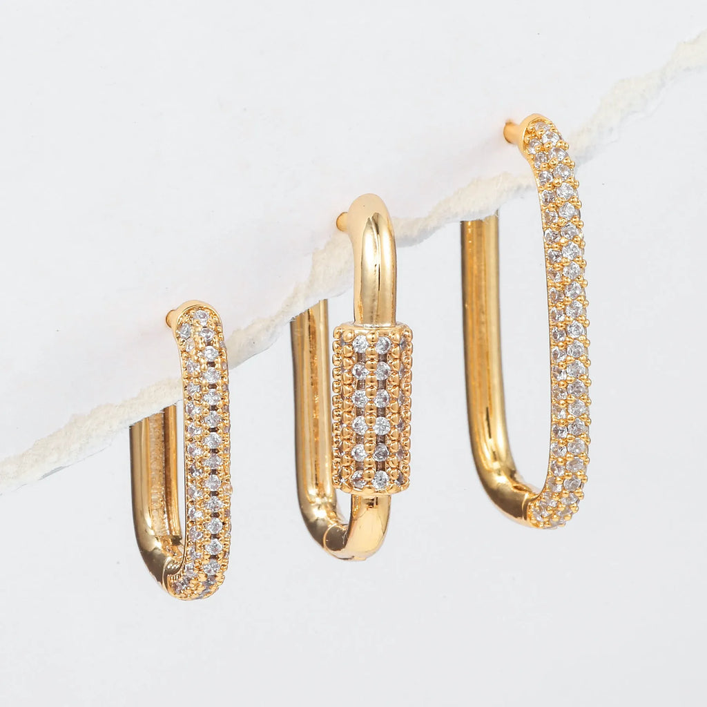 Set of three geometric zircon ear clips in gold and white finishes with square European style