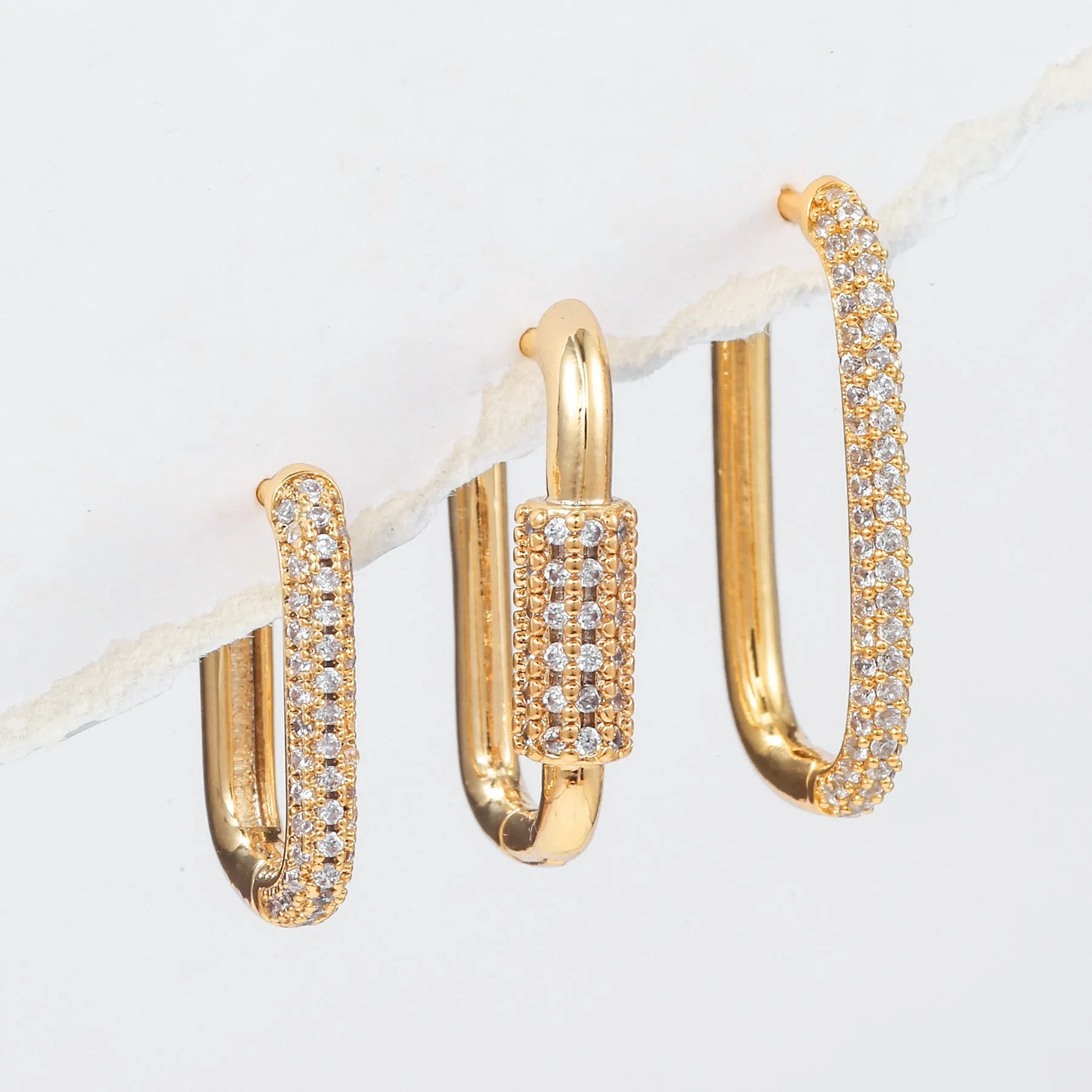 Set of three geometric zircon ear clips in gold and white finishes with square European style