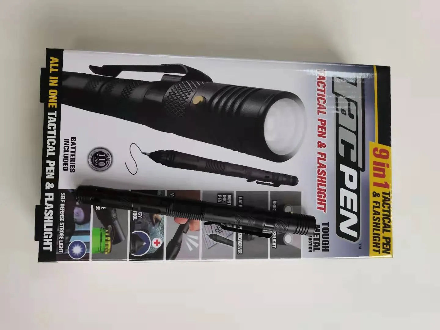 Black nine-in-one multi-function flashlight car window breaker survival pen