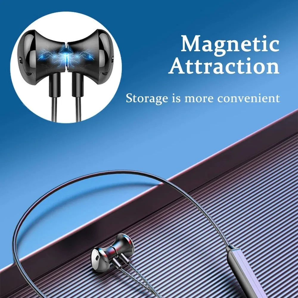 Black wireless neck-mounted sports earphones with Bluetooth 5.0 and custom logo printing option