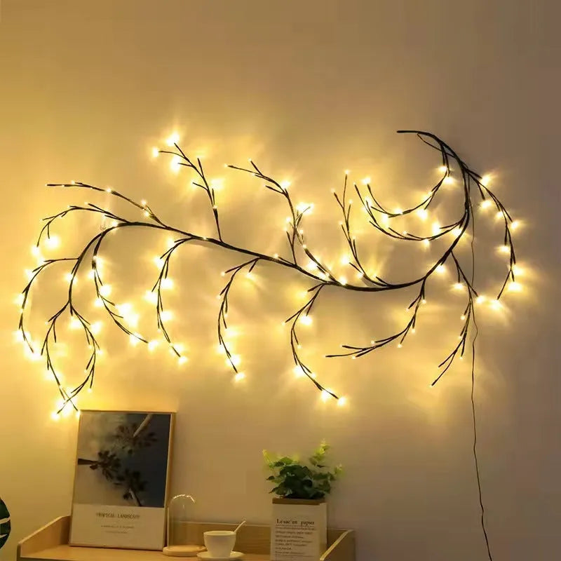 Flexible LED vine light garland with birch bark texture and 144 warm white lights on bendable branches
