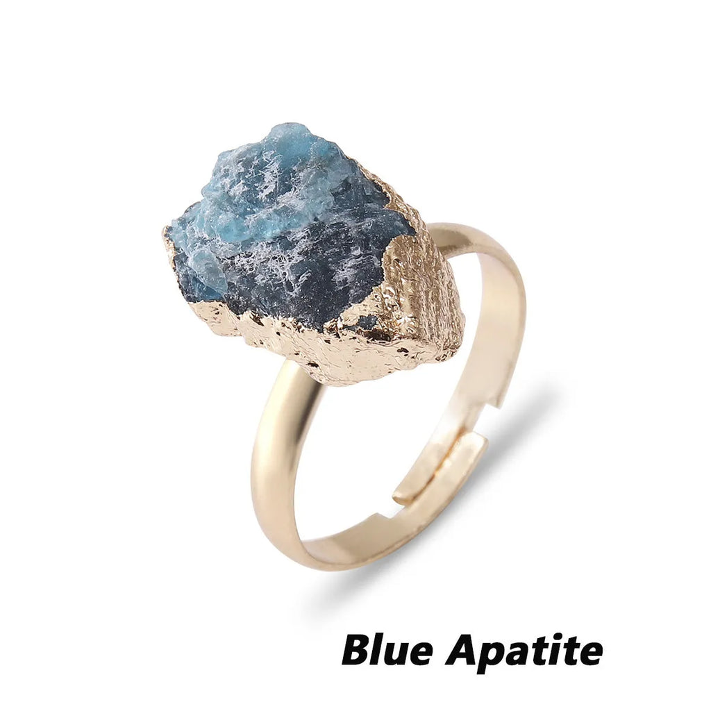 Natural rough stone open ring with gold-plated adjustable band, irregular crystal in amethyst colour