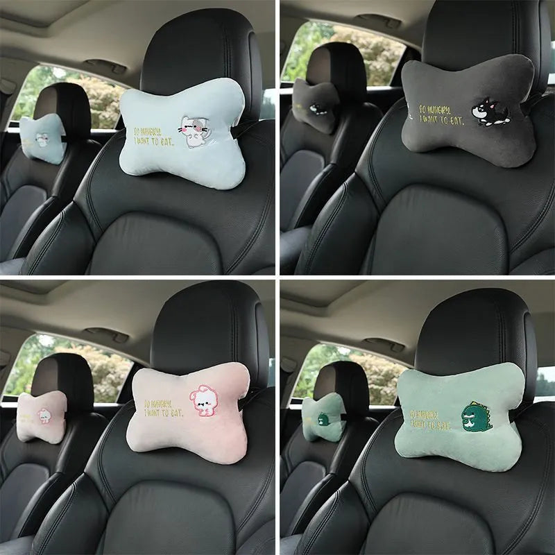 Plush embroidered car headrest shoulder pad with cartoon lion design in blue