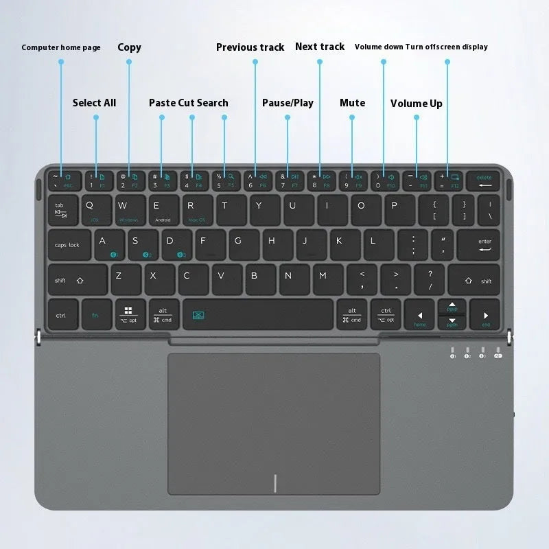 Grey folding Bluetooth wireless keyboard shown closed and open, for use with mobile phones and tablets.