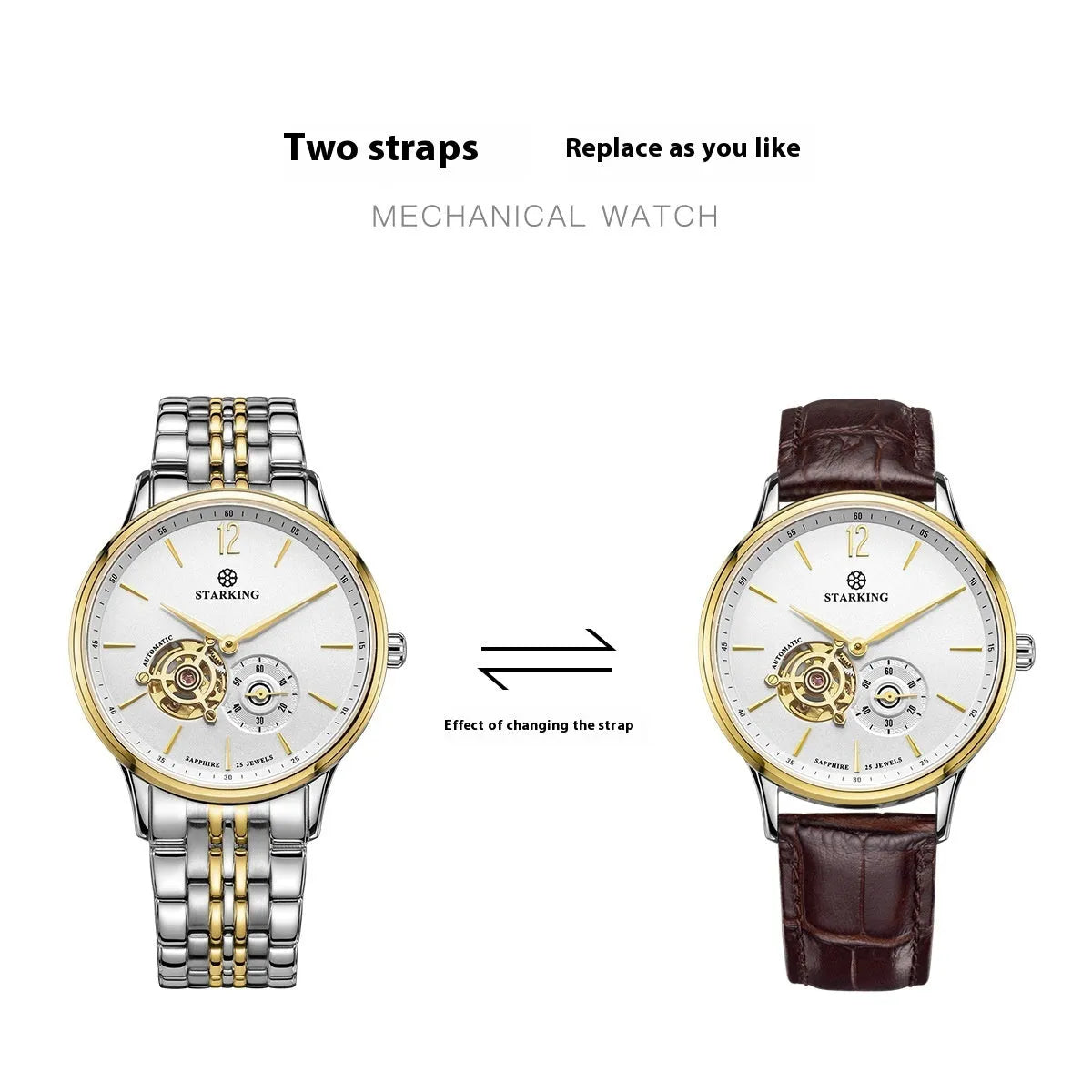 Men's automatic waterproof business watch with brown leather strap and stainless steel case