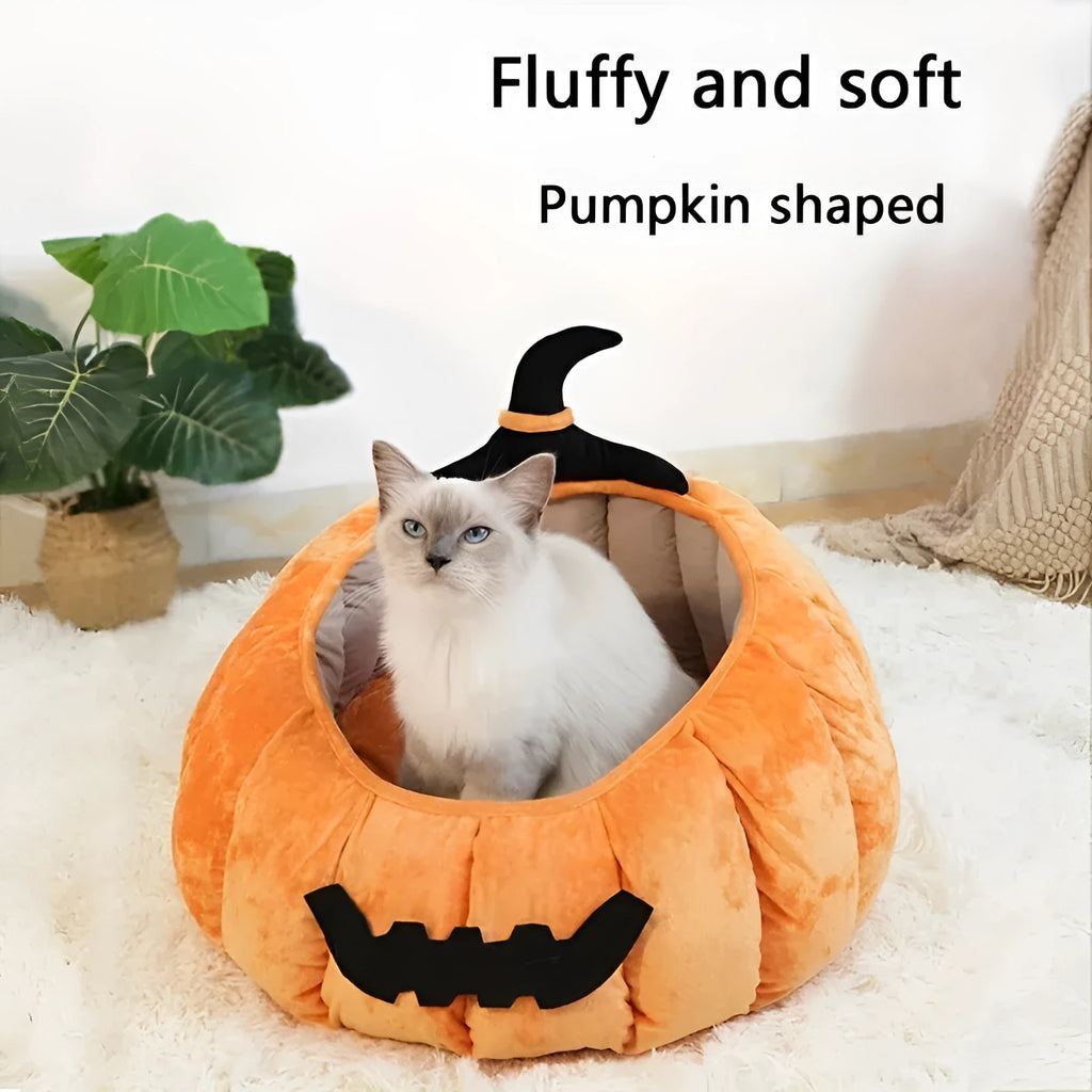 Halloween pumpkin-shaped pet bed with cartoon devil design for cats and small dogs
