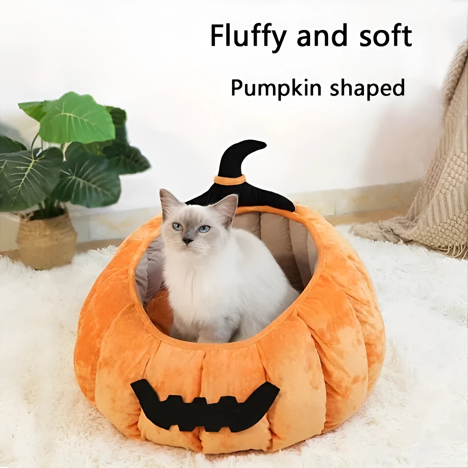 Halloween pumpkin-shaped pet bed with cartoon devil design for cats and small dogs