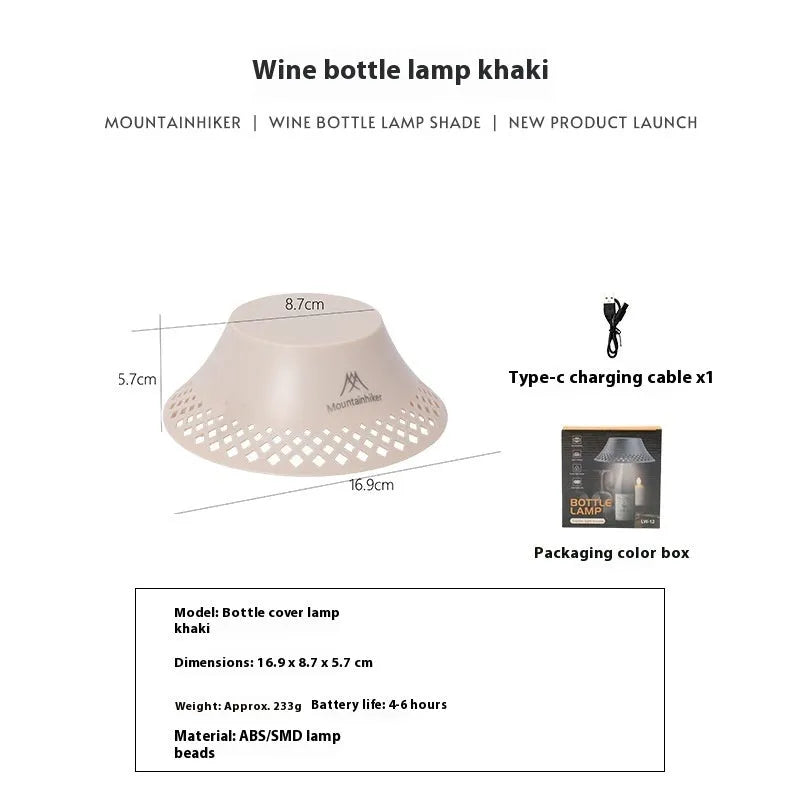 Beige wine bottle shaped camping lantern showing three light modes and USB-C port.