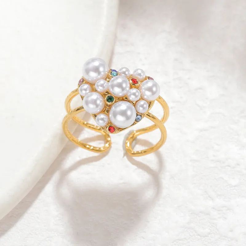 Pearl and zircon stainless steel open ring for women in heart or round design