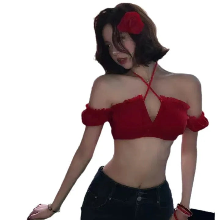 Red women's bikini swimsuit with puff sleeve skirt top and solid colour briefs