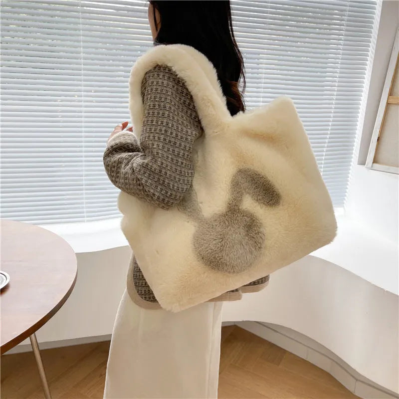 Women's plush tote bag with rabbit ears in solid colour