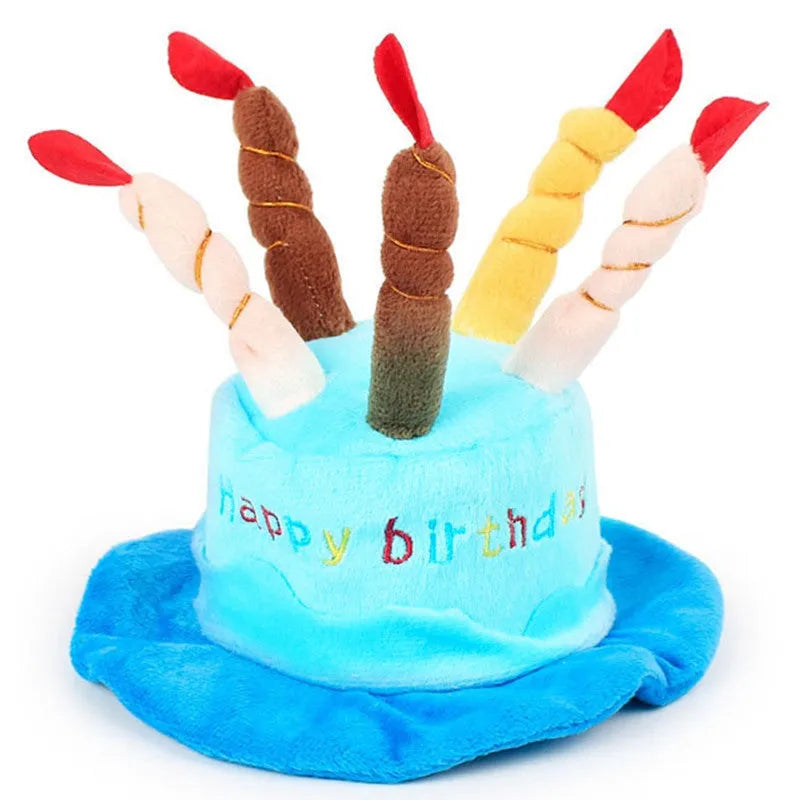 Blue or pink polyester dog birthday hat accessory measuring 21cm by 15cm by 6.5cm