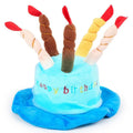 Blue or pink polyester dog birthday hat accessory measuring 21cm by 15cm by 6.5cm